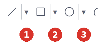 Classic toolbar: the same families (1) Line, (2) Rectangle, (3) Circle, (4) Arc, (5) Polyline with their drop-down triangles — left half