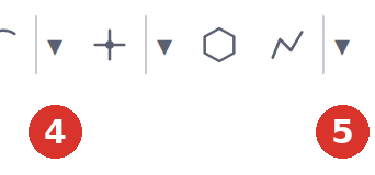 Classic toolbar: the same families (1) Line, (2) Rectangle, (3) Circle, (4) Arc, (5) Polyline with their drop-down triangles — right half