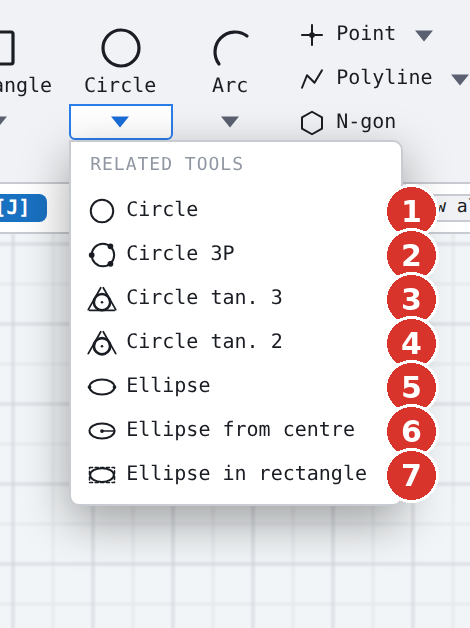 Family «Circle» with (5) Ellipse, (6) Ellipse from centre, (7) Ellipse in rectangle