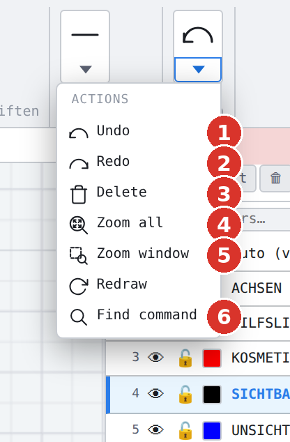 Ribbon, expanded group «Action»: (1) Undo, (2) Redo, (3) Delete, (4) Zoom to fit, (5) Zoom window, (6) Command search