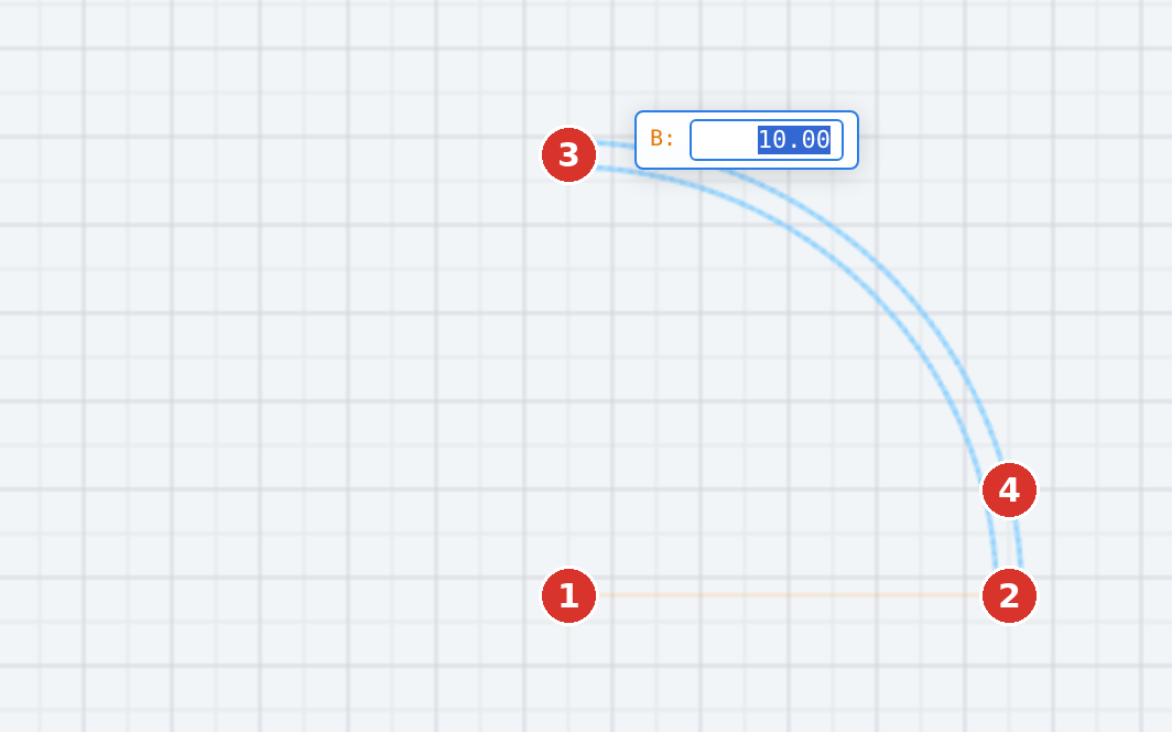 (1) centre, (2) radius and start angle, (3) end angle, (4) width