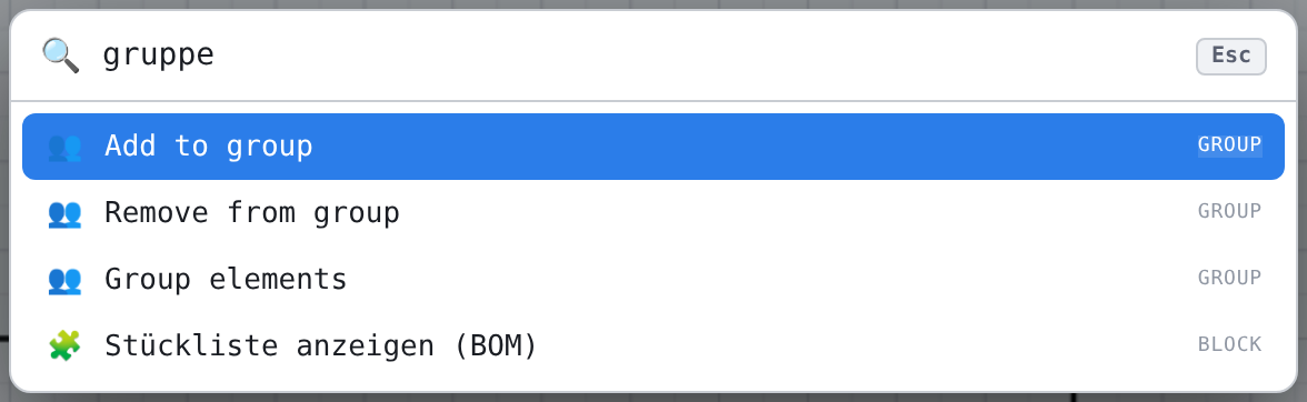 Command search with “gruppe”