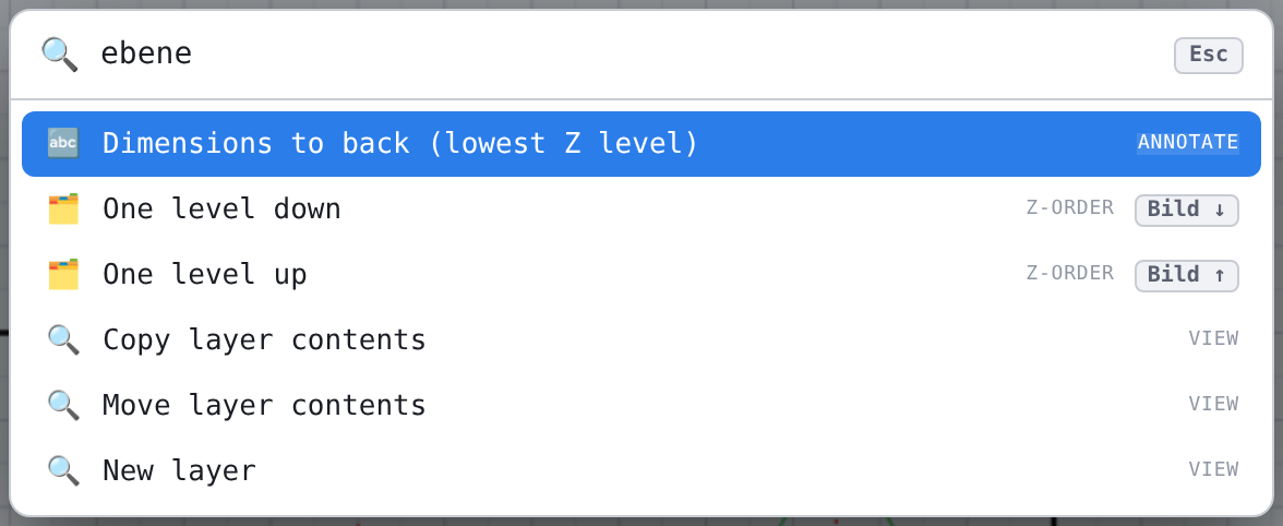 Command search with “ebene”