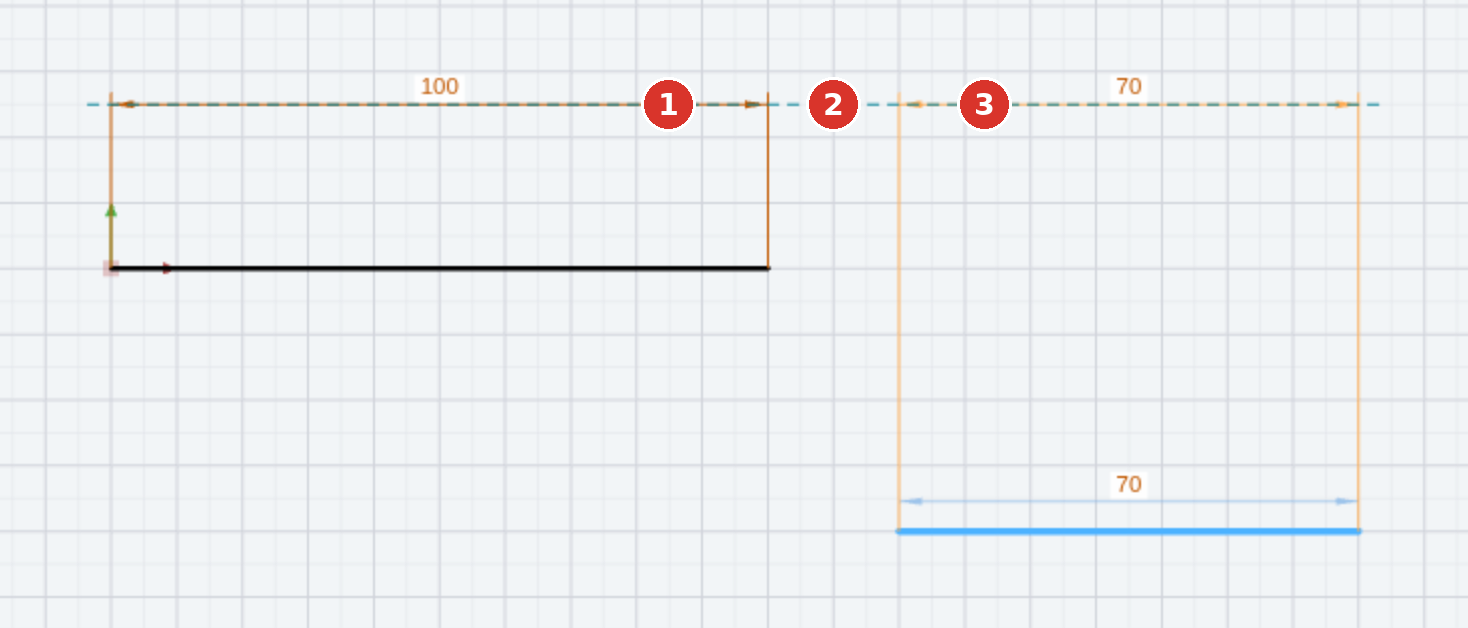 Alignment snap: (1) existing dimension, (2) the alignment line shown, (3) preview of the new dimension, snapped onto the same alignment