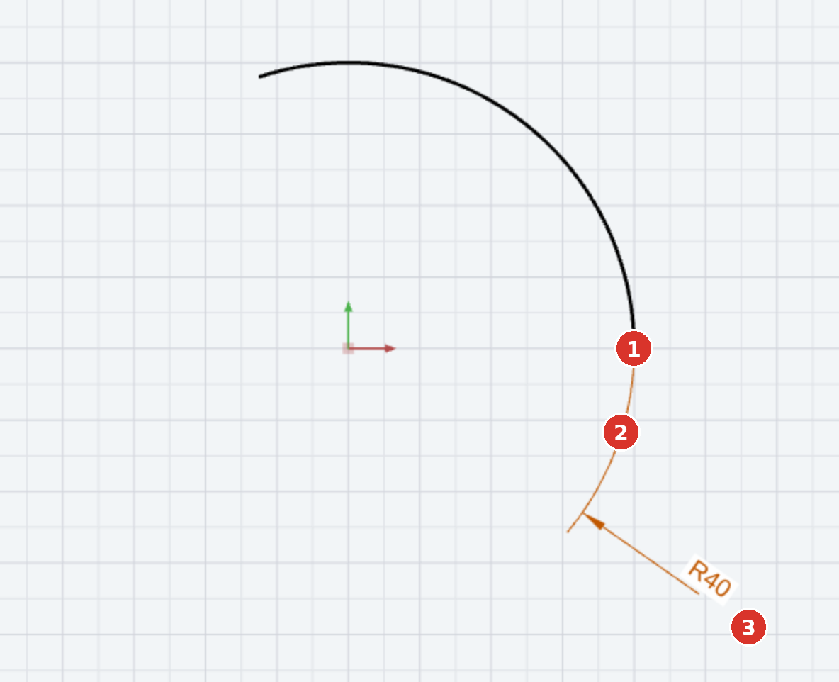 Radius dimension beyond the end of the arc: (1) end of the dimensioned arc, (2) auxiliary dimension arc, (3) arrow and text outside the arc span