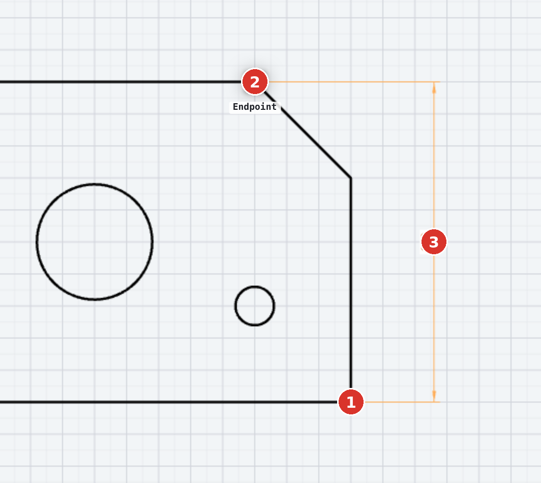 Point-to-point dimension: (1) and (2) snapped points, (3) pointer to the right of the points — the preview shows the vertical dimension