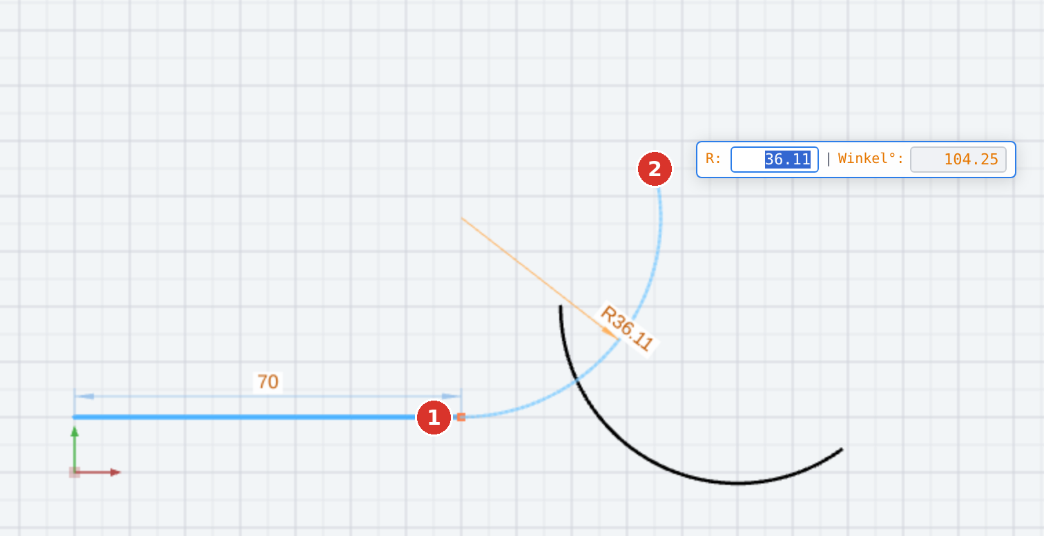 (1) connection to the line, (2) endpoint; the arc leaves the line without a kink