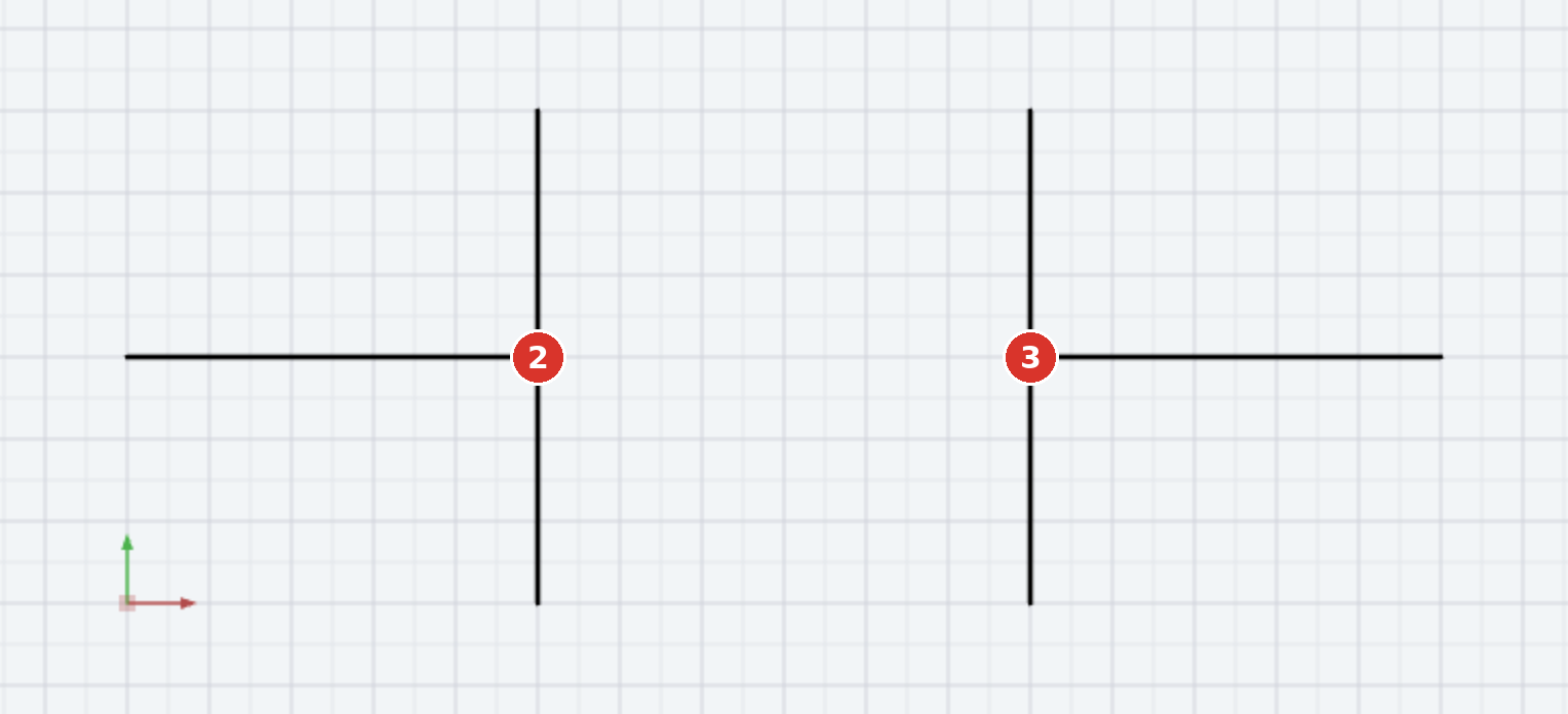 After: the line is interrupted between the intersections (2) and (3) — two elements