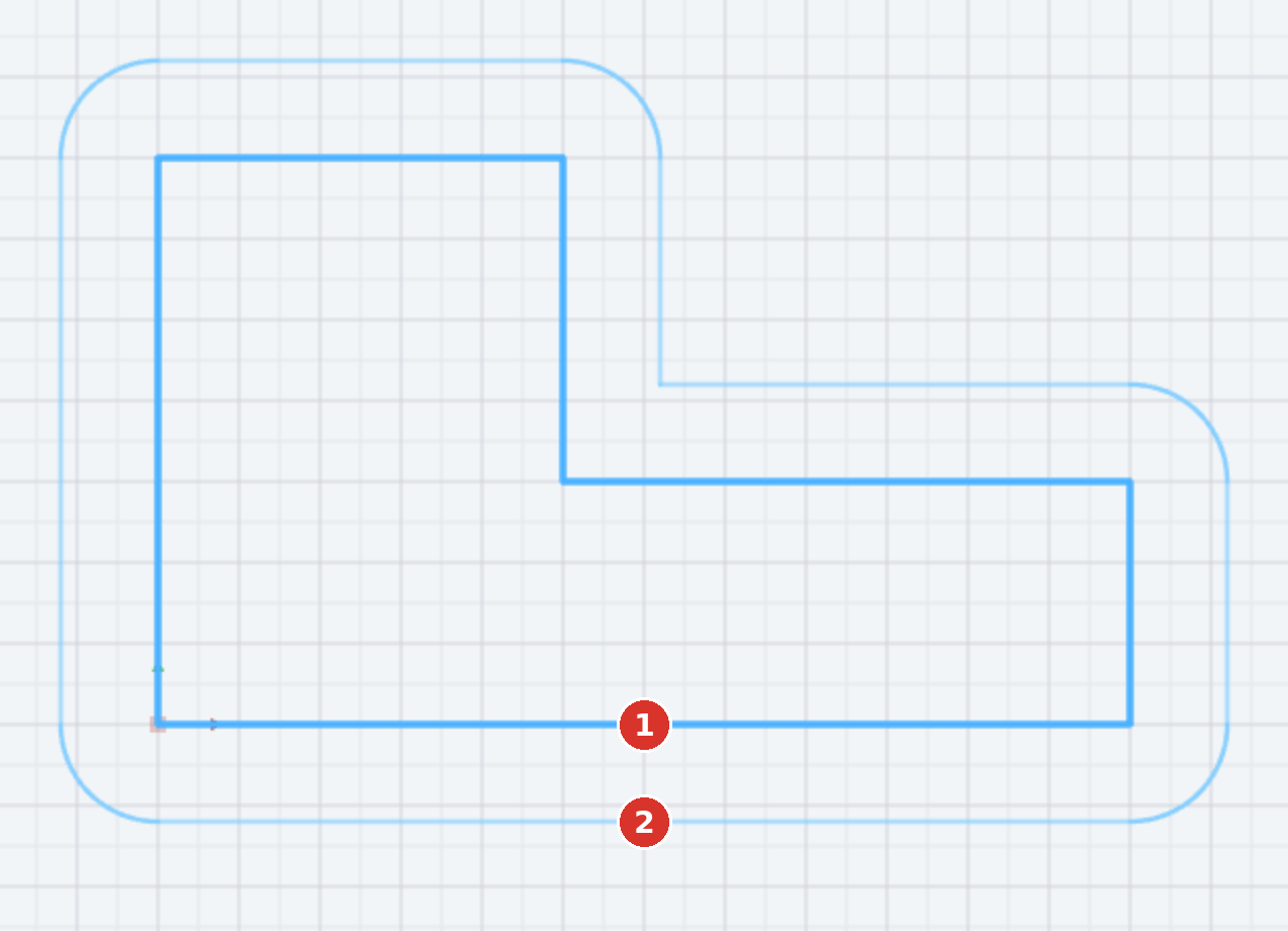 After clicking a contour element (1) the closed contour is selected; the pointer (2) determines side and distance — the preview shows the path with radii at the outer corners