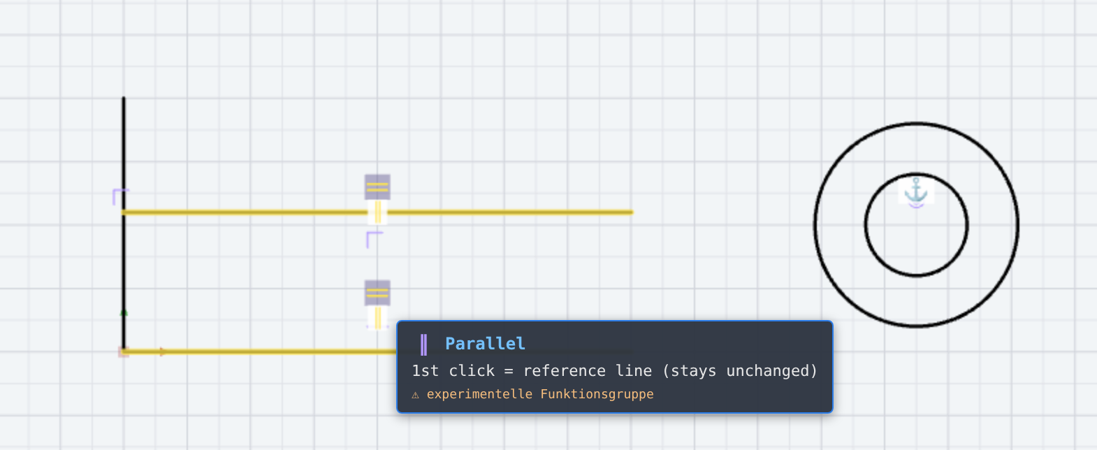 Tool “Parallel”, first step: the tooltip asks for the reference line and marks the experimental function group