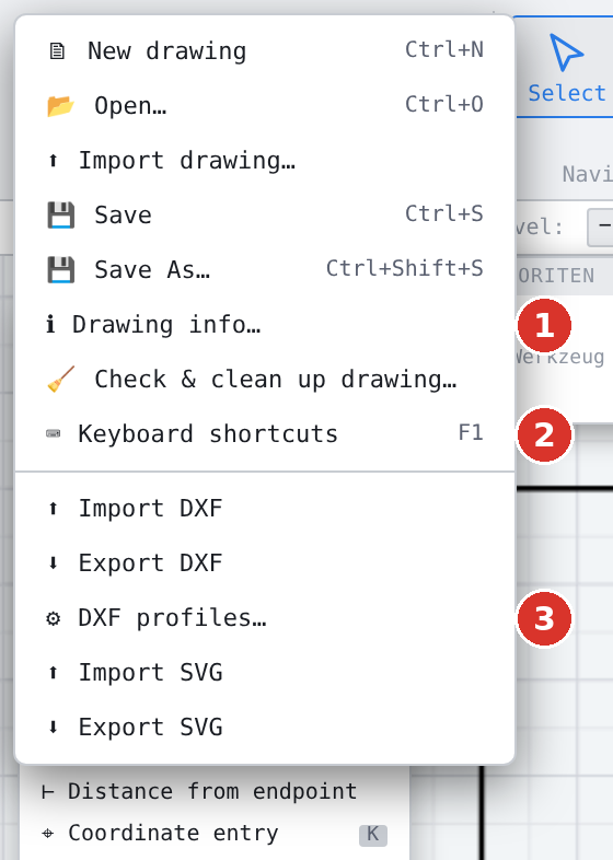 The file menu: (1) Drawing info…, (2) Keyboard shortcuts, (3) DXF profiles…