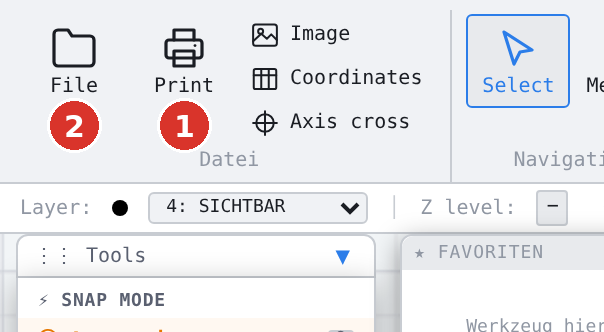 Ribbon, group “File”: (1) Print, (2) file menu