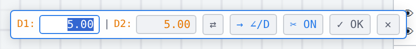 The chamfer field: D1, D2, «⇄» swap, «→ ∠/D» switch mode, «✂ ON» trimming, «✓ OK», «×»