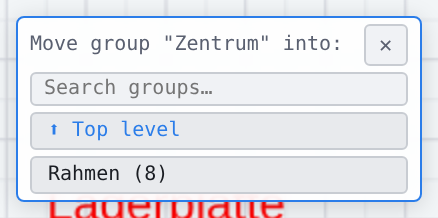 Picker “Move group "Zentrum" into:” with search and “Top level”