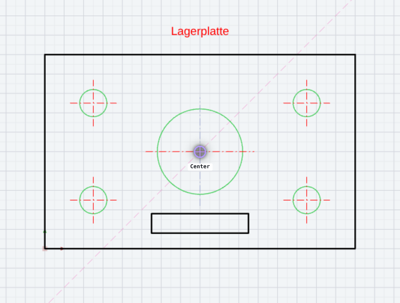Placing a 45° guide: the preview follows the mouse, here at the centre of the large hole