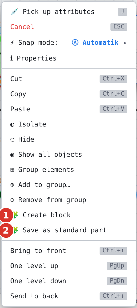 Right-click menu with selected geometry: (1) Create block, (2) Save as standard part