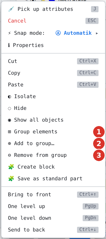Right-click menu: (1) Group elements, (2) Add to group, (3) Remove from group