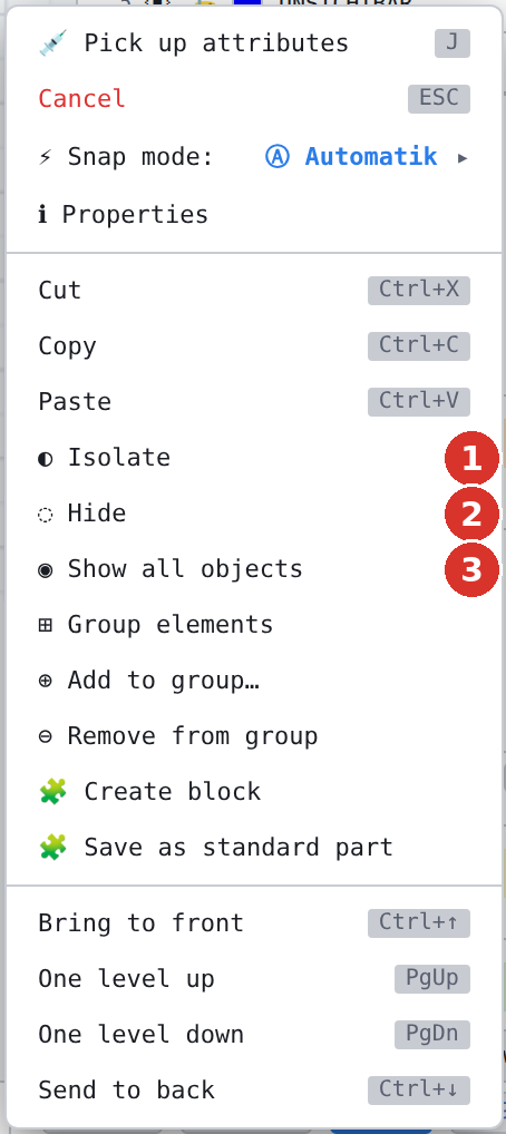 Right-click menu: (1) Isolate, (2) Hide, (3) Show all objects