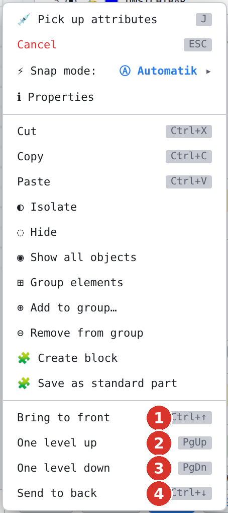 Right-click menu: (1) Bring to front