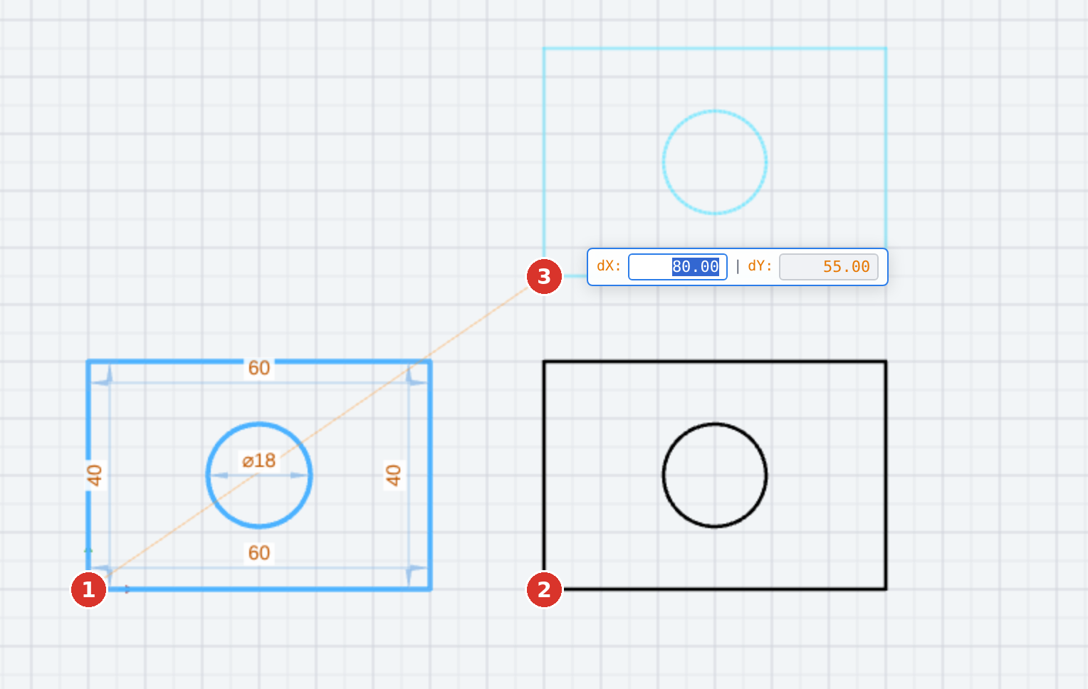 (1) base point, (2) first copy placed, (3) pointer with the preview of the next copy