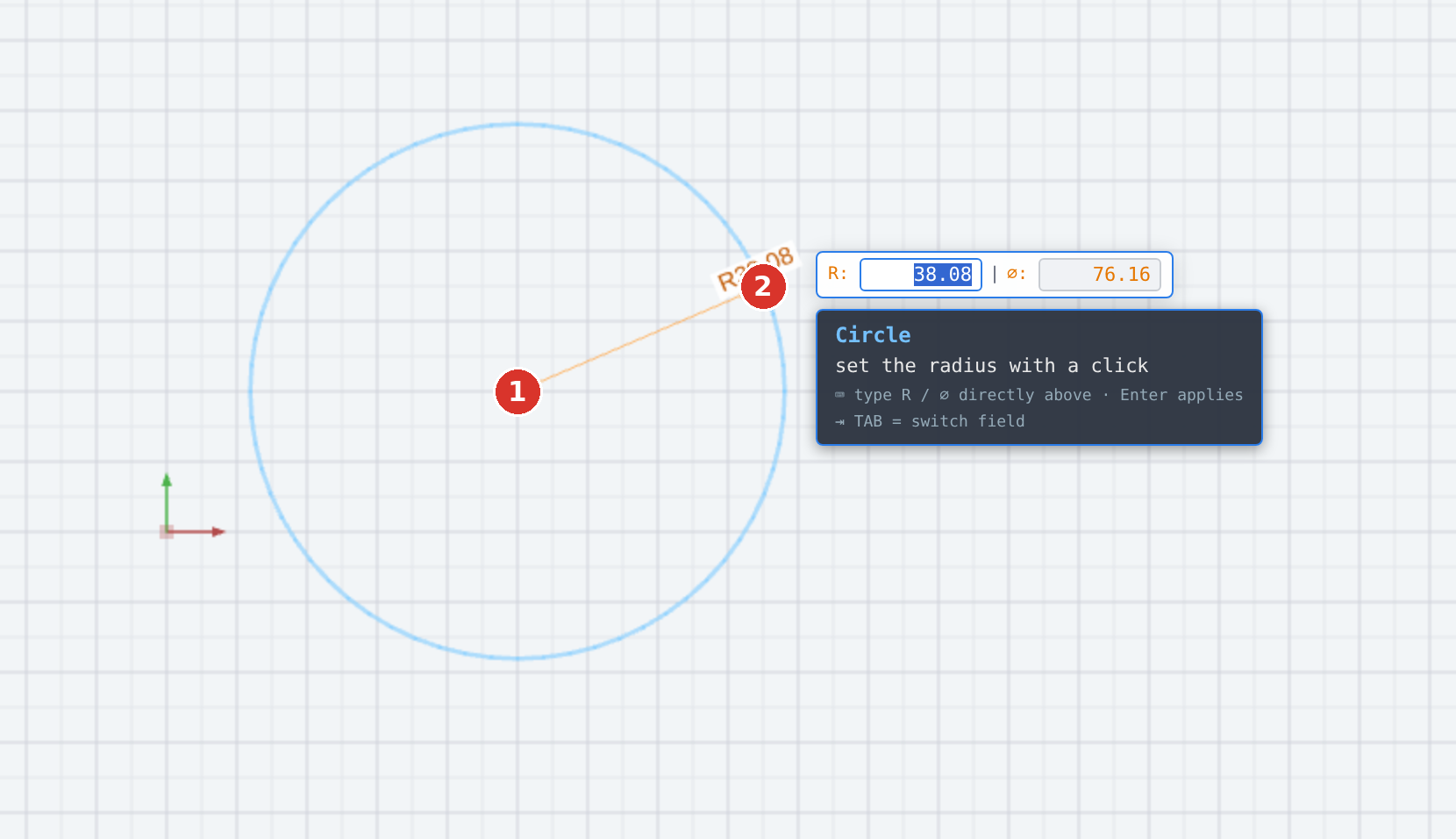(1) centre, (2) radius point; radius and diameter follow