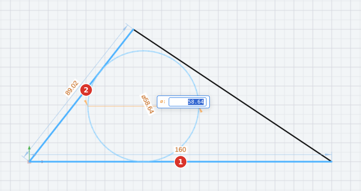 (1) and (2) the two elements; the diameter is typed into the field or determined with the mouse