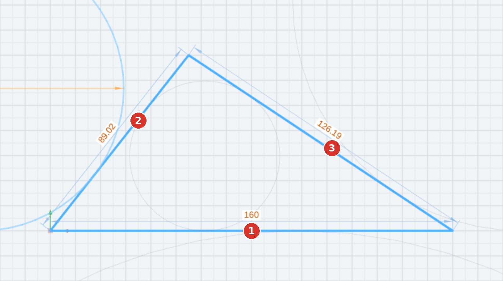 (1), (2) and (3): three clicked lines, the circle touches all of them