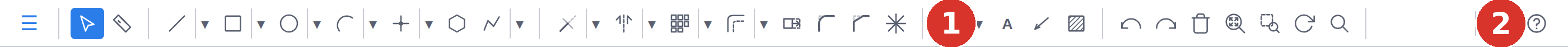 Classic toolbar: (1) split button «Dimension», (2) gear with the list of settings