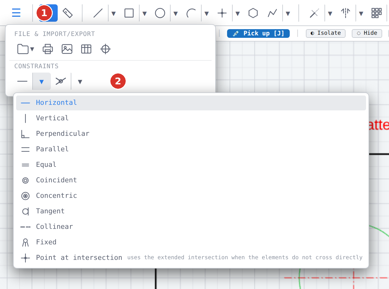 Classic toolbar at 1400 px width: (1) menu “☰”, inside (2) the unfolded group “Constraints”
