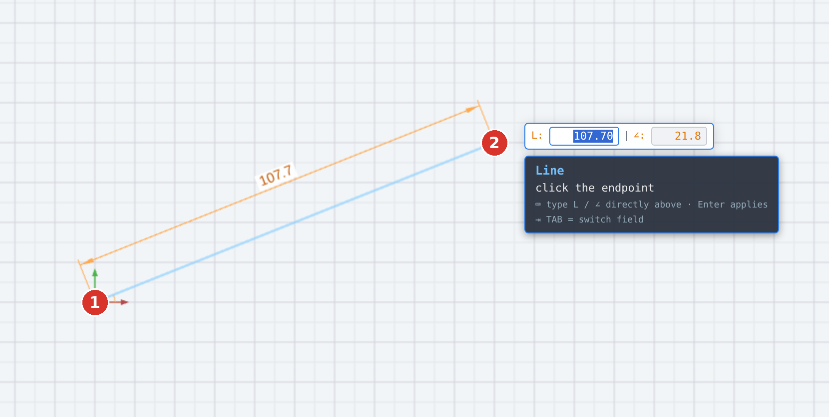 (1) start point, (2) endpoint; length and angle follow in the input field