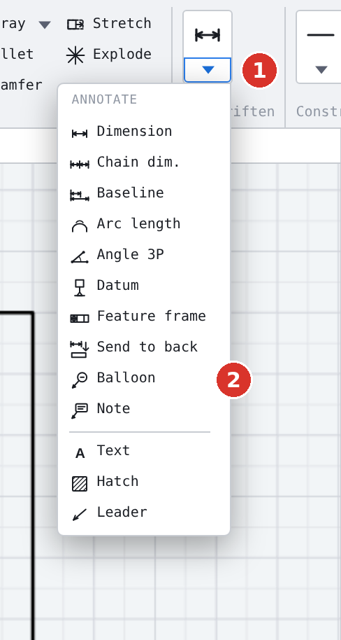 Ribbon: (1) the arrow under «Dimension» opens the list, (2) entry «Balloon»