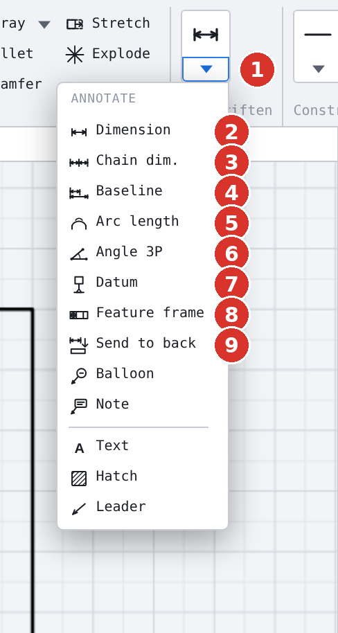 Ribbon, group «Annotate» opened: (1) group arrow, (2) Dimension, (3) Chain dim., (4) Baseline, (5) Arc length, (6) Angle 3P, (7) Datum, (8) Feature frame, (9) Send to back