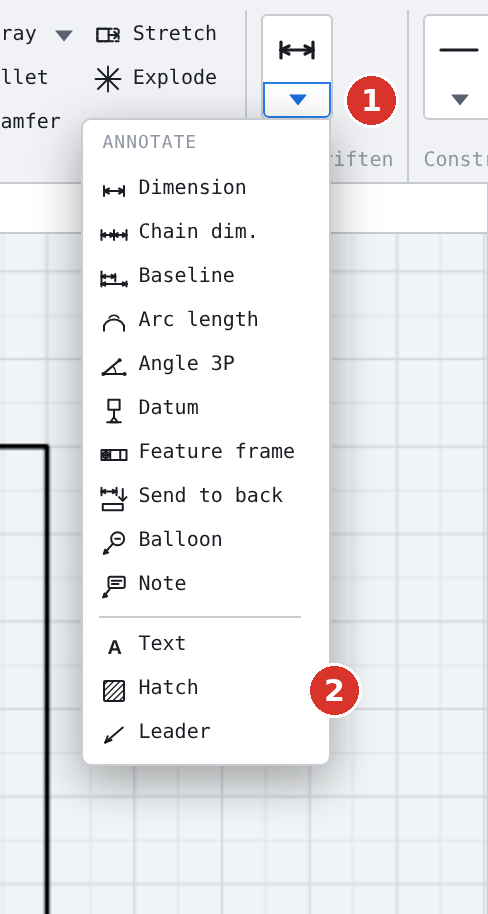 Ribbon, group «Annotate» expanded: (1) group arrow, (2) entry «Hatch»