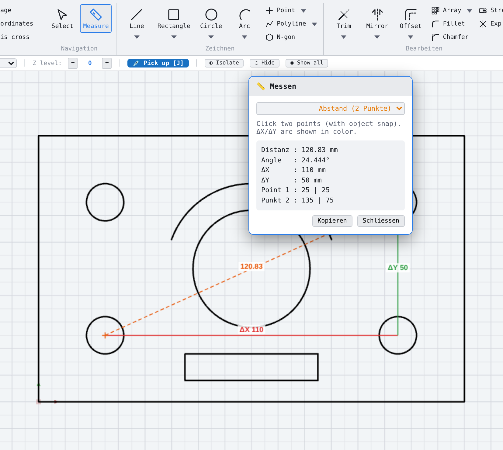 Mode «Distance (2 points)»: distance, angle, ΔX, ΔY between two hole centres