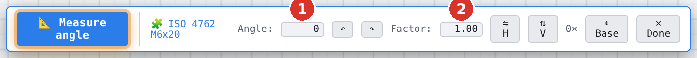 Placement HUD: (1) angle, (2) factor; plus rotate ±90°, H, V, counter, Base, Done and on the left «Measure angle»