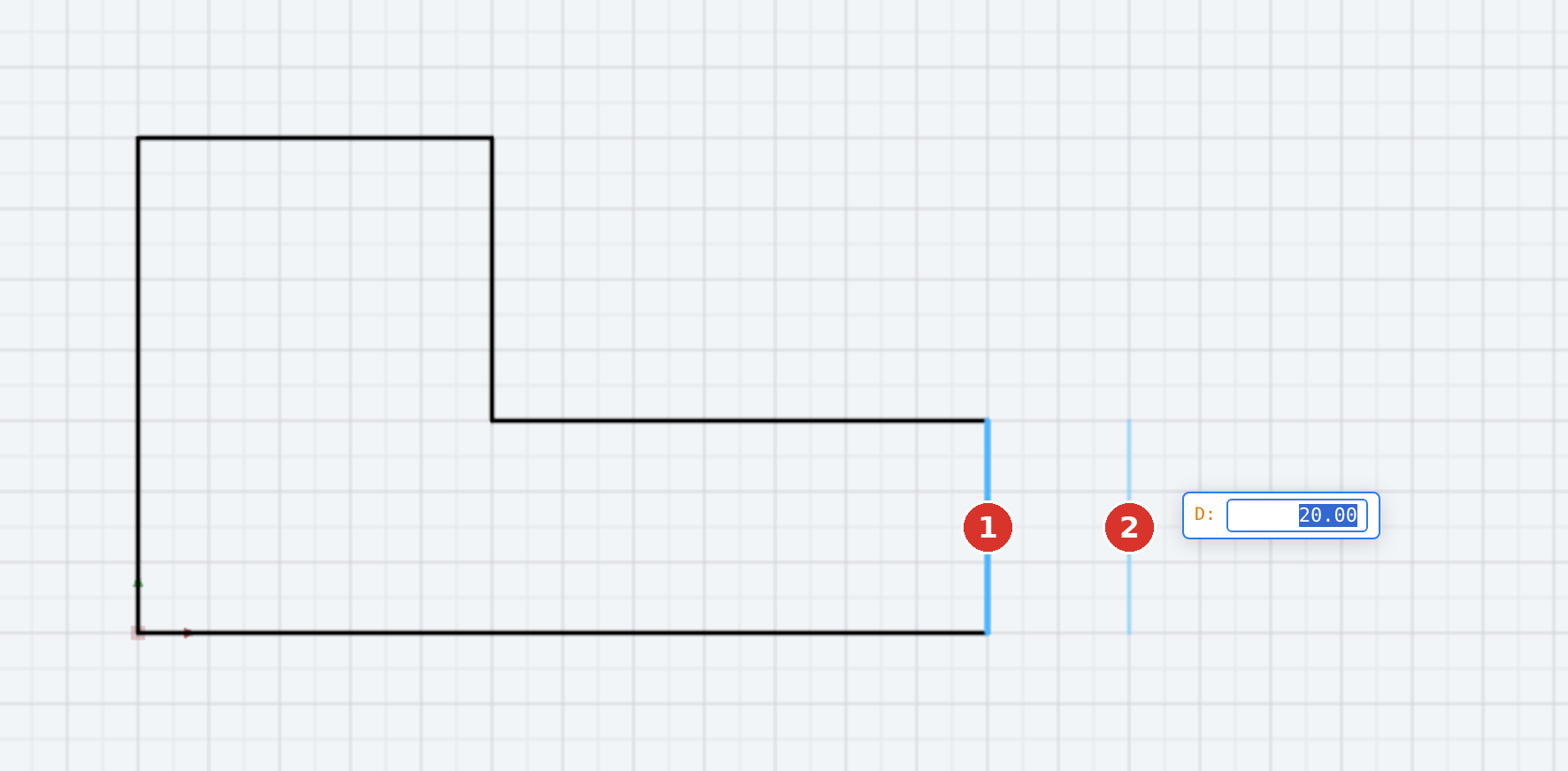 (1) clicked line, (2) pointer — the preview lies on the pointer's side, the field «D» shows the distance