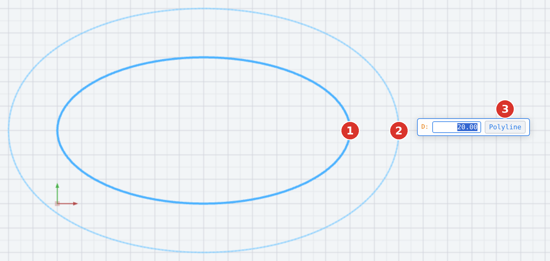 Offset on an ellipse: (1) clicked ellipse, (2) pointer — preview on the pointer's side, (3) button for the result type in the floating field
