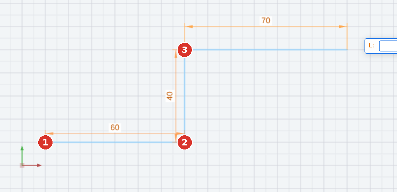 (1), (2) and (3) the placed points; the field shows length and angle of the next segment