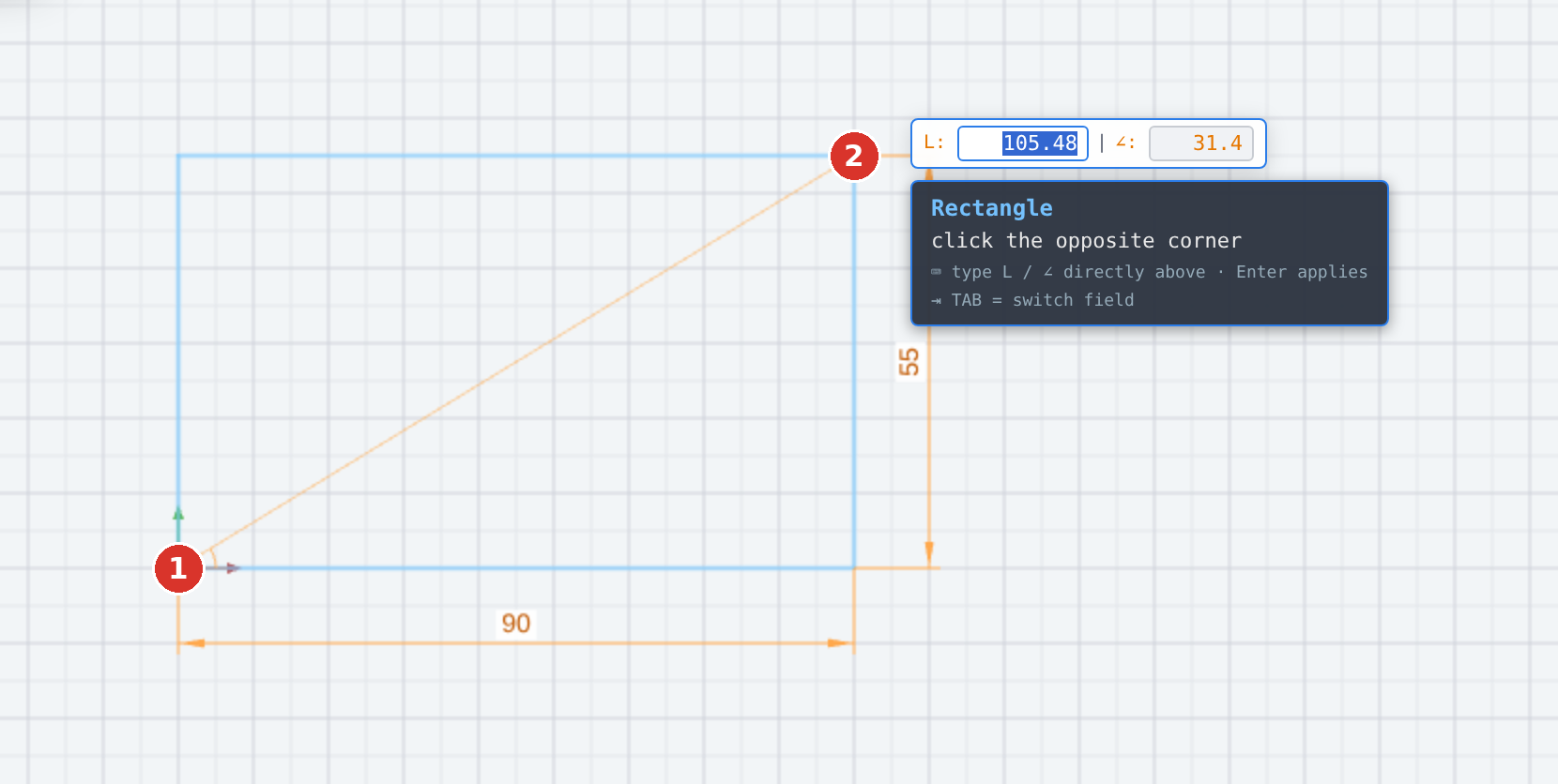 (1) first corner, (2) opposite corner; width and height follow