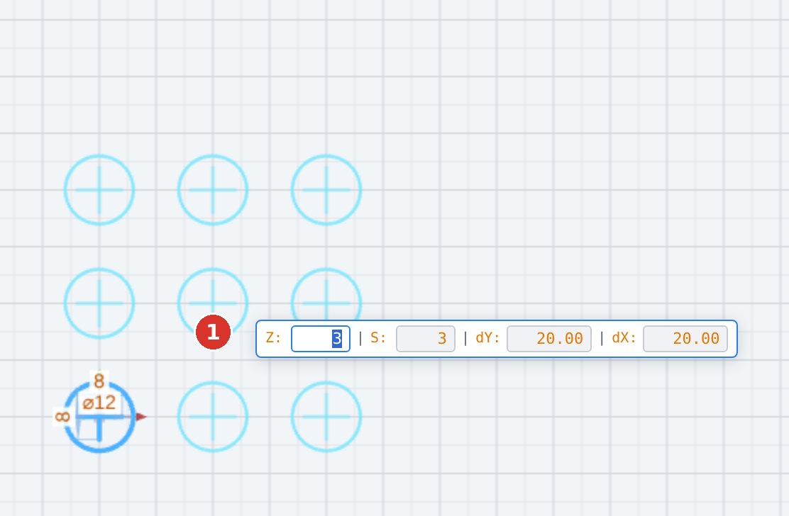 Preview of a 3 × 3 grid; the field with Z, S, dY, dX is open after the click (1)