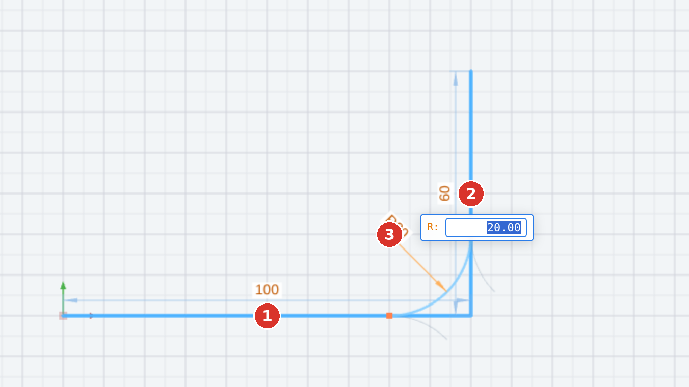 (1) first, (2) second line, (3) pointer — preview of the arc, the field shows the radius