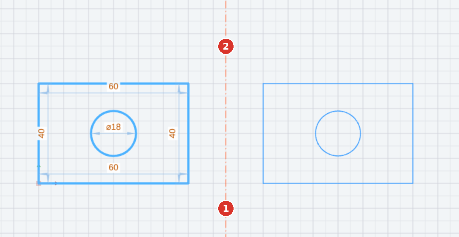 (1) first, (2) second point of the mirror axis — the preview shows the mirrored copy