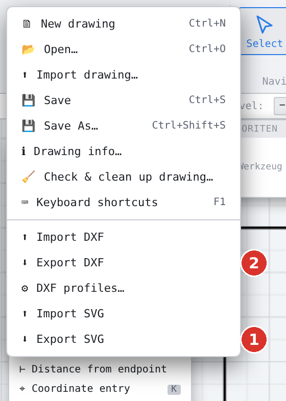 (1) Export SVG, (2) Export DXF