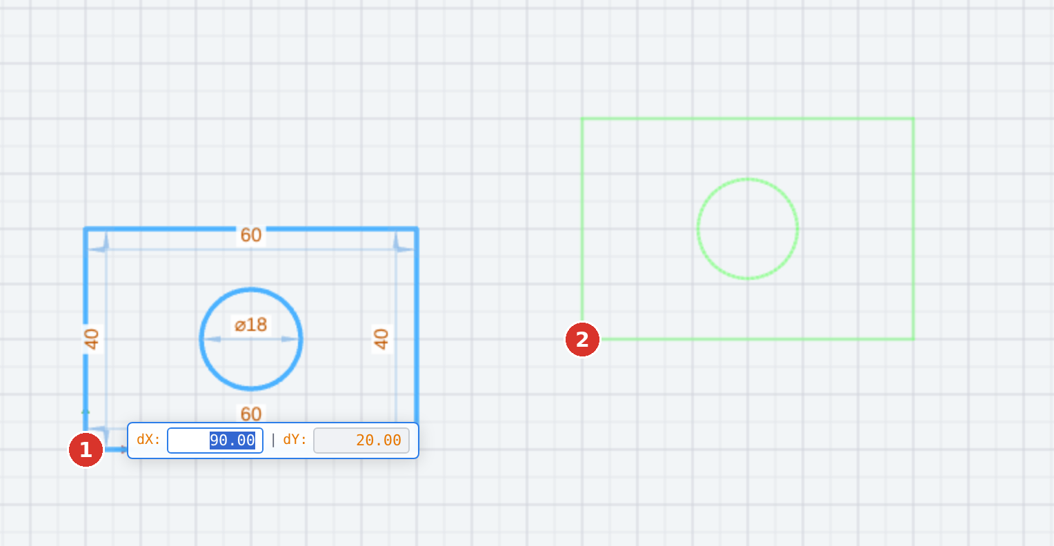 (1) base point, (2) pointer with preview — the field shows dX and dY