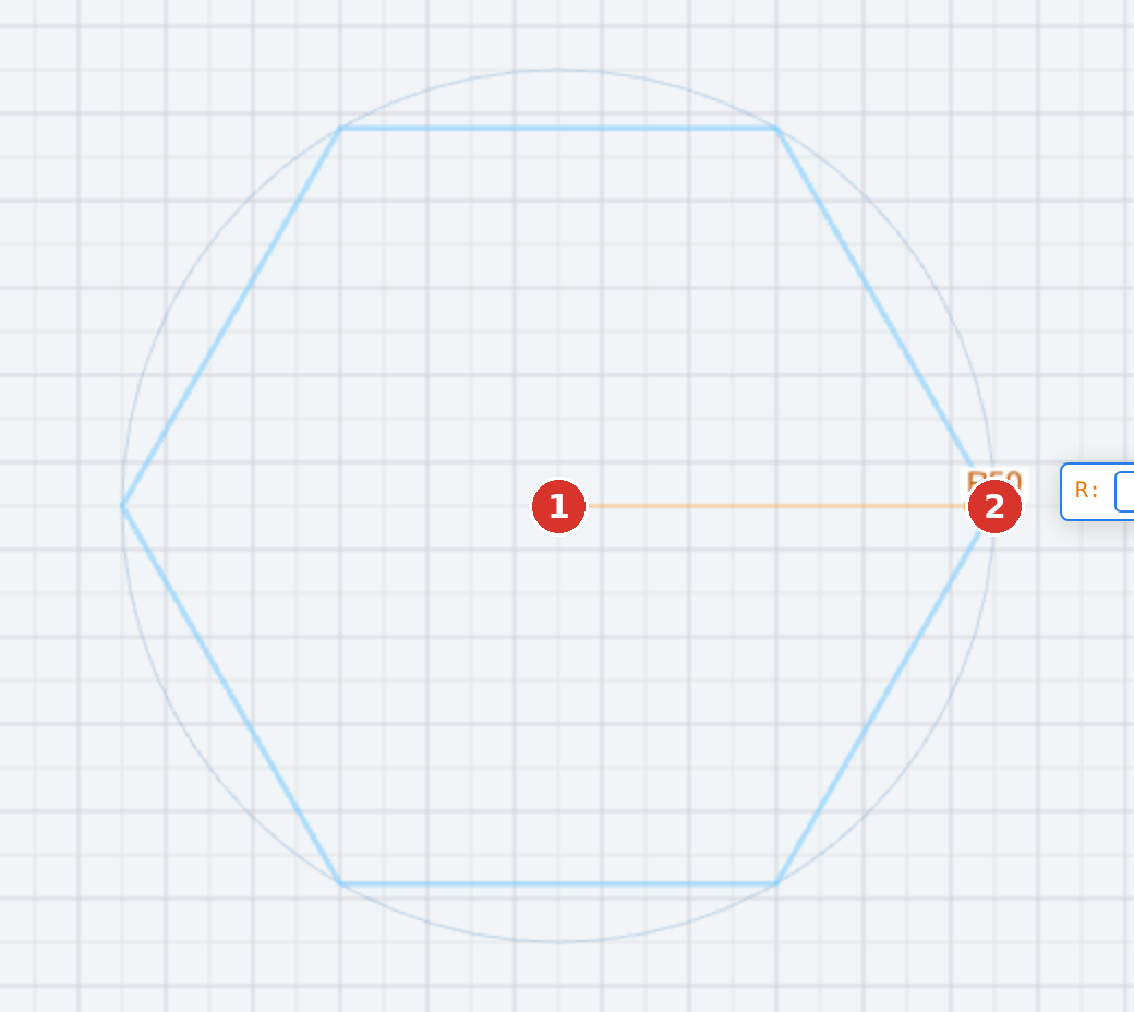 (1) centre, (2) radius; the auxiliary circle shows what the position refers to
