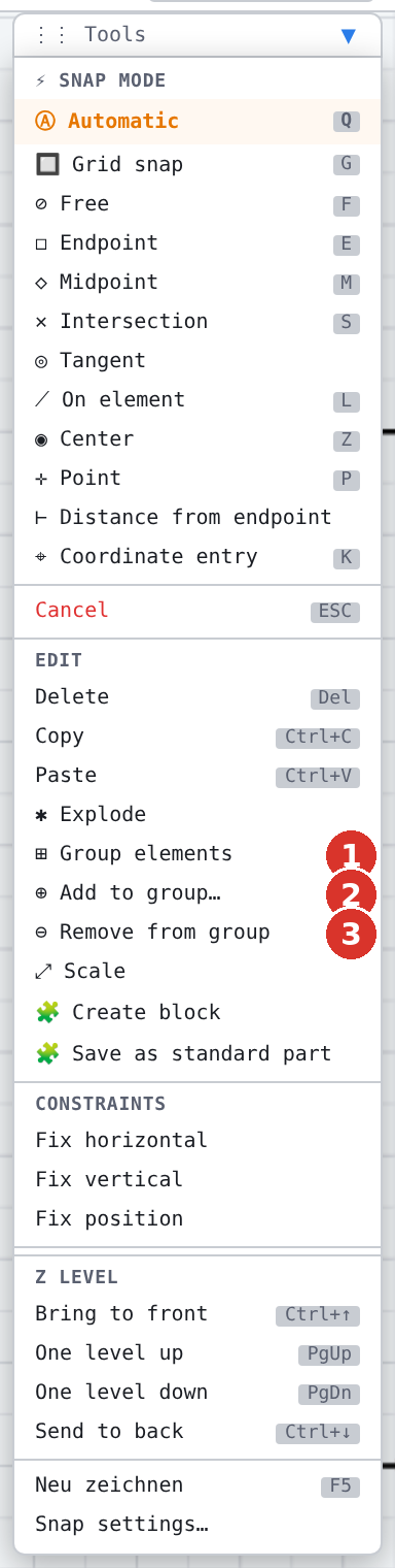 Tool window “Edit”: (1) group, (2) add, (3) remove