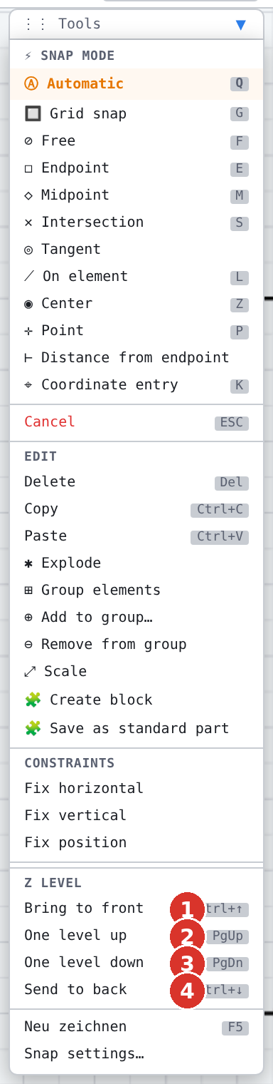 Tool window “Z level”: the same four entries