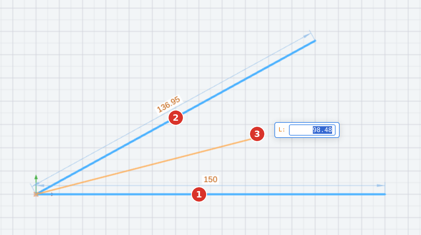 (1) first line, (2) second line, (3) length; the orange preview runs from the intersection