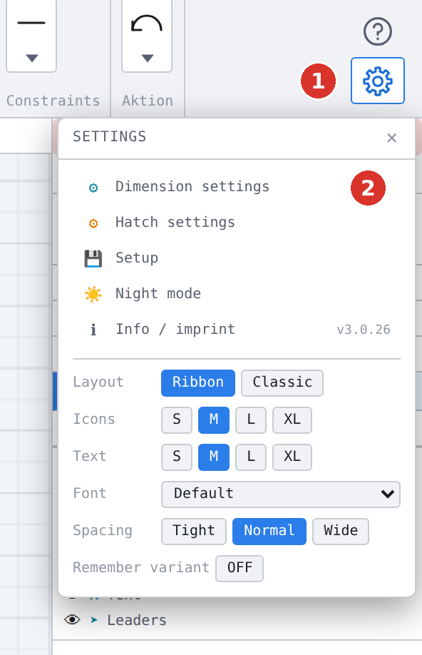 Gear on the right of the ribbon (1) with the list of settings, (2) entry «Dimension settings»