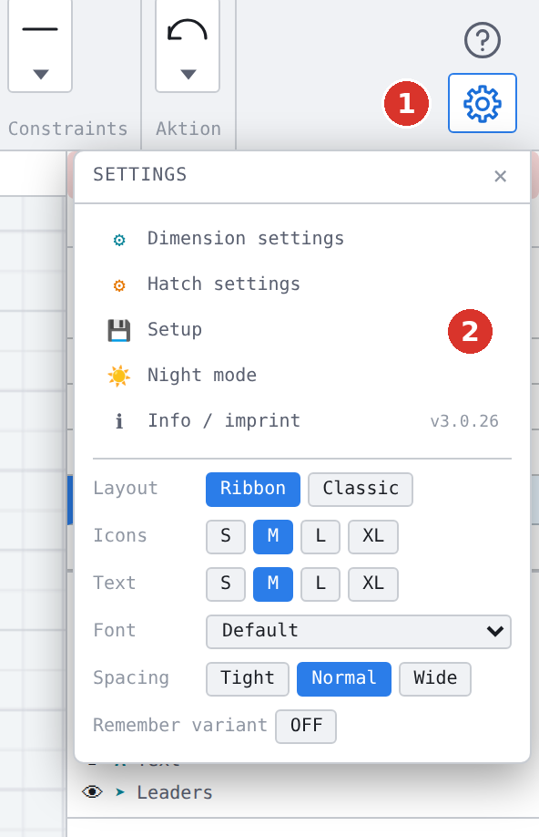 Ribbon: (1) gear, (2) entry «Setup»